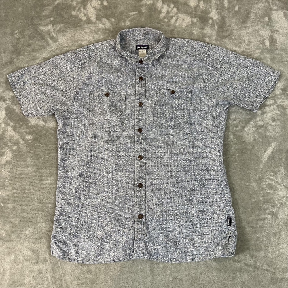 Patagonia Shirt Mens Medium Blue Geometric Short Sleeve Hemp Cotton Button